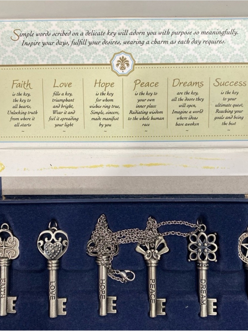 Silver Inspirational Key Necklace - Peace, Hope, Love Charm